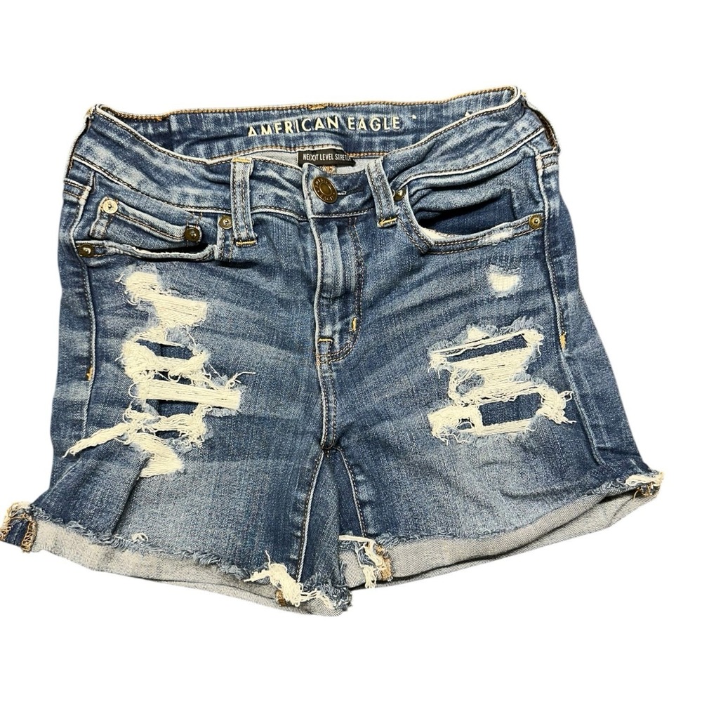 American Eagle‎ Next Level Stretch Midi Shortie Distressed Cuffed Sz 4 Denim